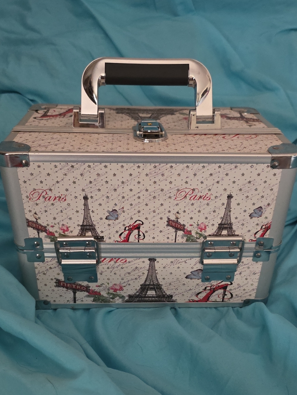 Paris Eiffel Tower Cosmetic Train Case - Cream and Silver